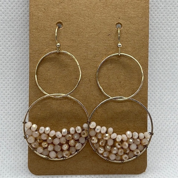 Earrings Beaded Double Hoops Blush Pink and Gold Tone Hooks - Picture 1 of 3